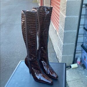Croc-Embossed Brown Knee-High Boots